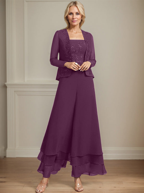 Separates Jumpsuit/Pantsuit Square Ankle-Length Lace Chiffon Mother of the Bride Dress With Sequins