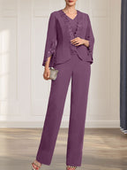 Separates Jumpsuit/Pantsuit V-Neck Floor-Length Chiffon Mother of the Bride Dress