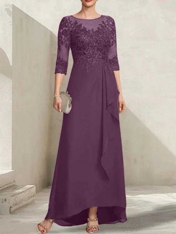 A-line Scoop Illusion Asymmetrical Lace Chiffon Mother of the Bride Dress With Sequins Cascading Ruffles by Dreamylily