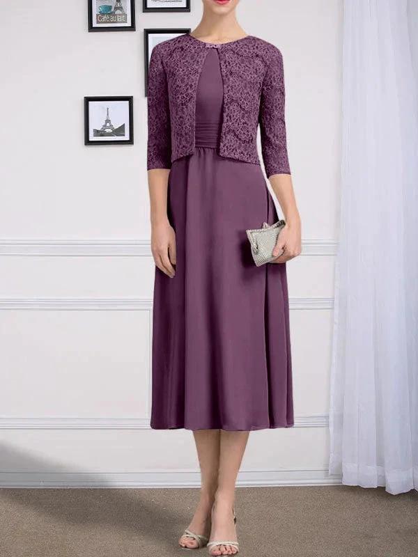 A-line Scoop Tea-Length Chiffon Mother of the Bride Dress With Pleated by Dreamylily