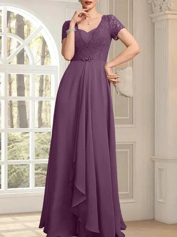 A-line Sweetheart Floor-Length Chiffon Lace Mother of the Bride Dress With Beading Cascading Ruffles by Dreamylily