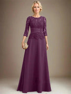 A-line Scoop Illusion Floor-Length Chiffon Lace Mother of the Bride Dress With Pleated Sequins Beading by Dreamylily