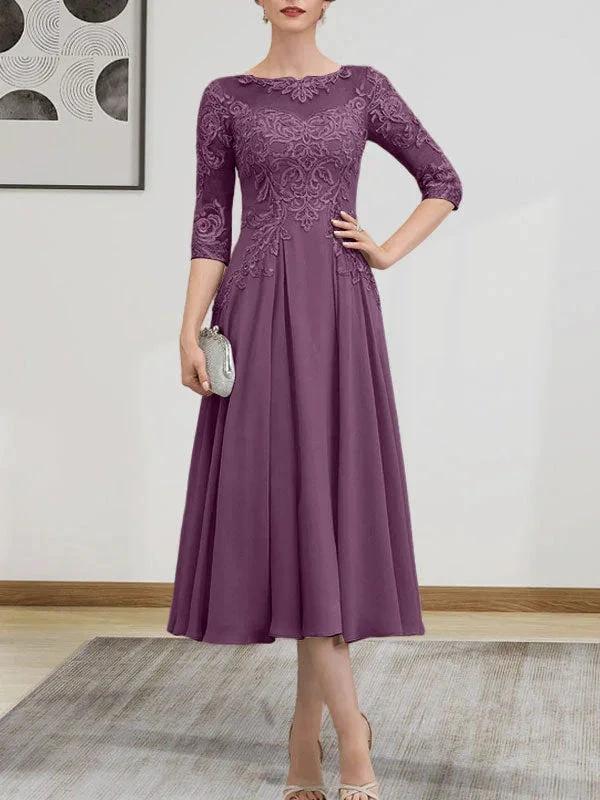 A-line Scoop Illusion Tea-Length Chiffon Lace Mother of the Bride Dress With Beading Sequins by Dreamylily