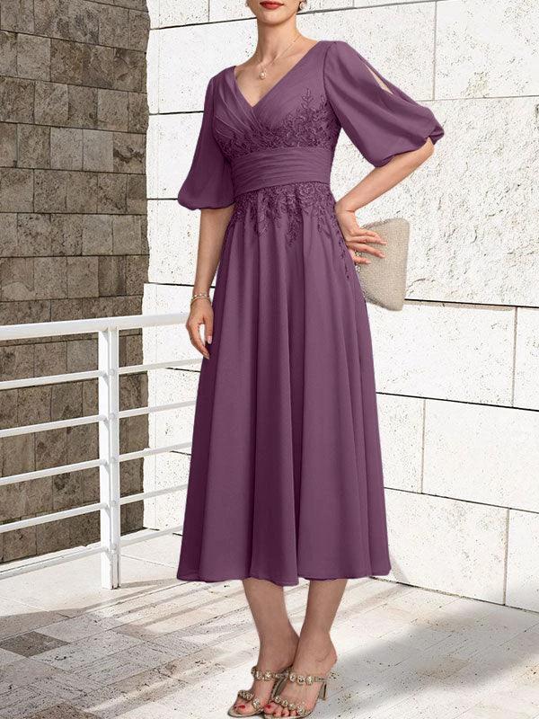 A-line V-Neck Tea-Length Lace Chiffon Mother of the Bride Dress With Pleated by Dreamylily