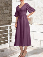 A-line V-Neck Tea-Length Lace Chiffon Mother of the Bride Dress With Pleated by Dreamylily