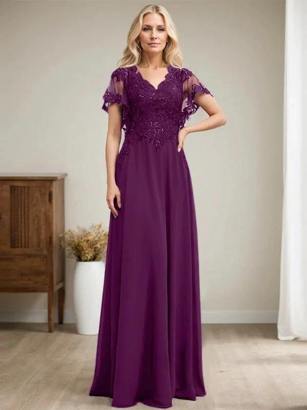 A-line V-Neck Floor-Length Lace Chiffon Mother of the Bride Dress With Sequins by Dreamylily