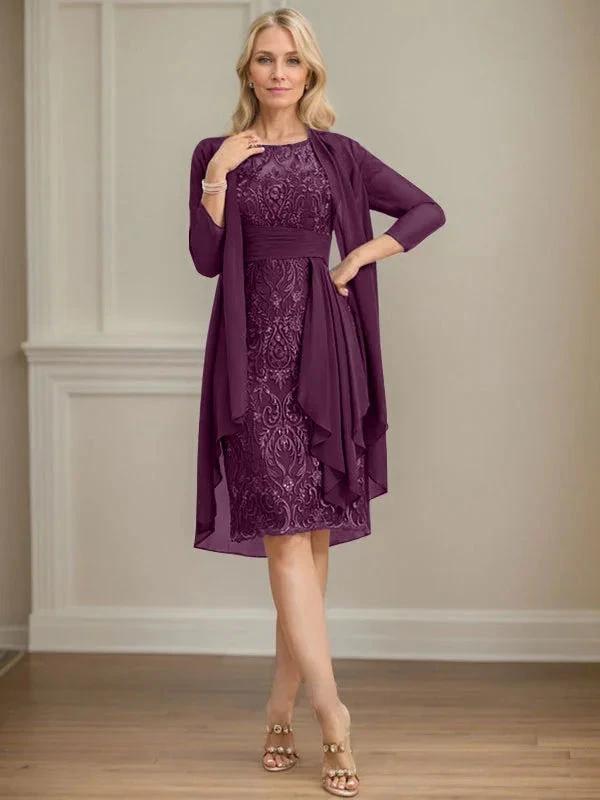 Sheath/Column Scoop Illusion Knee-Length Lace Chiffon Mother of the Bride Dress With Cascading Ruffles Sequins by Dreamylily