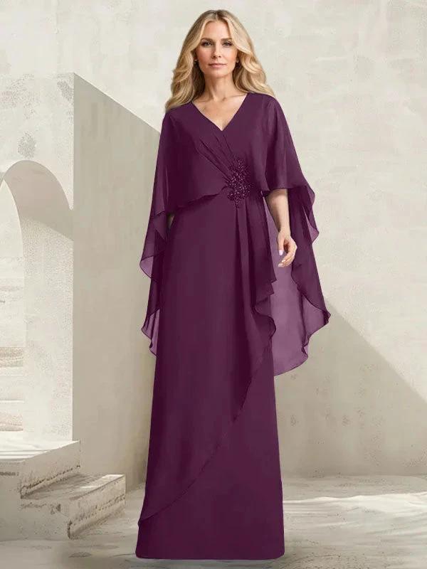 A-line V-Neck Floor-Length Chiffon Mother of the Bride Dress With Cascading Ruffles Beading by Dreamylily