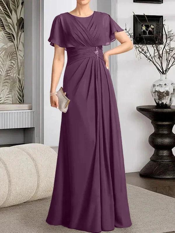 A-line Scoop Floor-Length Chiffon Mother of the Bride Dress With Pleated Beading by Dreamylily