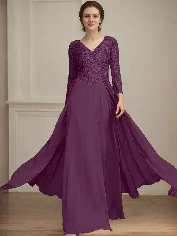 A-line V-Neck Floor-Length Lace Chiffon Mother of the Bride Dress With Sequins by Dreamylily