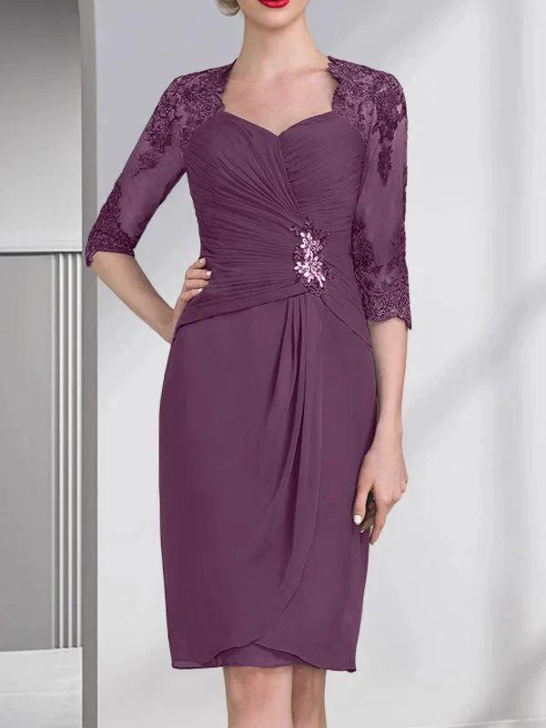 Sheath/Column Sweetheart Knee-Length Chiffon Mother of the Bride Dress With Beading Appliques Lace Sequins Pleated by Dreamylily