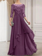 A-line Scoop Illusion Floor-Length Lace Chiffon Mother of the Bride Dress With Cascading Ruffles by Dreamylily
