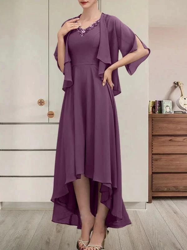 A-line V-Neck Asymmetrical Chiffon Mother of the Bride Dress With Beading Sequins by Dreamylily