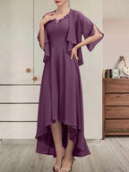 A-line V-Neck Asymmetrical Chiffon Mother of the Bride Dress With Beading Sequins by Dreamylily