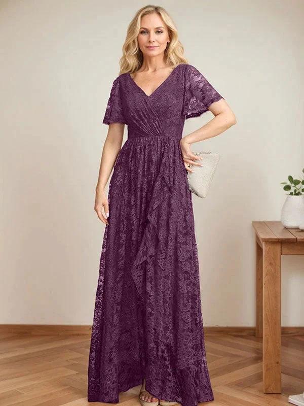 A-Line V-Neck Asymmetrical Lace Mother of the Bride Dress With Cascading Ruffles by Dreamylily