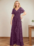 A-Line V-Neck Asymmetrical Lace Mother of the Bride Dress With Cascading Ruffles by Dreamylily