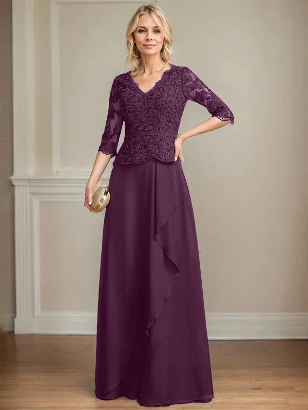 A-line V-Neck Floor-Length Lace Chiffon Mother of the Bride Dress With Cascading Ruffles Sequins by Dreamylily