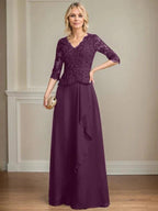 A-line V-Neck Floor-Length Lace Chiffon Mother of the Bride Dress With Cascading Ruffles Sequins by Dreamylily