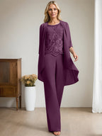 Separates Jumpsuit/Pantsuit Scoop Floor-Length Chiffon Lace Mother of the Bride Dress With Beading Sequins
