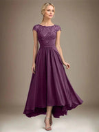 A-line Scoop Illusion Asymmetrical Lace Chiffon Mother of the Bride Dress With Pleated by Dreamylily
