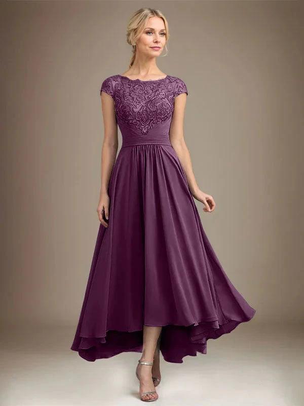 A-line Scoop Illusion Asymmetrical Lace Chiffon Mother of the Bride Dress With Pleated by Dreamylily