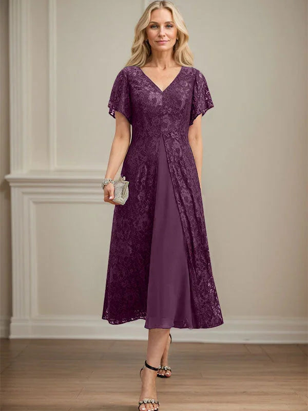 Vestido de gasa con encaje y escote en V para madre de la novia, largo hasta la rodilla 