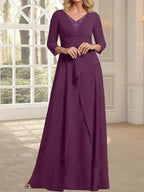 A-line V-Neck Floor-Length Chiffon Mother of the Bride Dress With Pleated Beading by Dreamylily