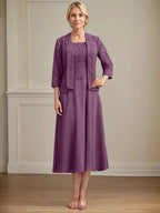 A-line Scoop Tea-Length Lace Chiffon Mother of the Bride Dress by Dreamylily