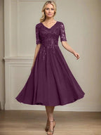 A-line V-Neck Tea-Length Lace Chiffon Mother of the Bride Dress With Sequins by Dreamylily