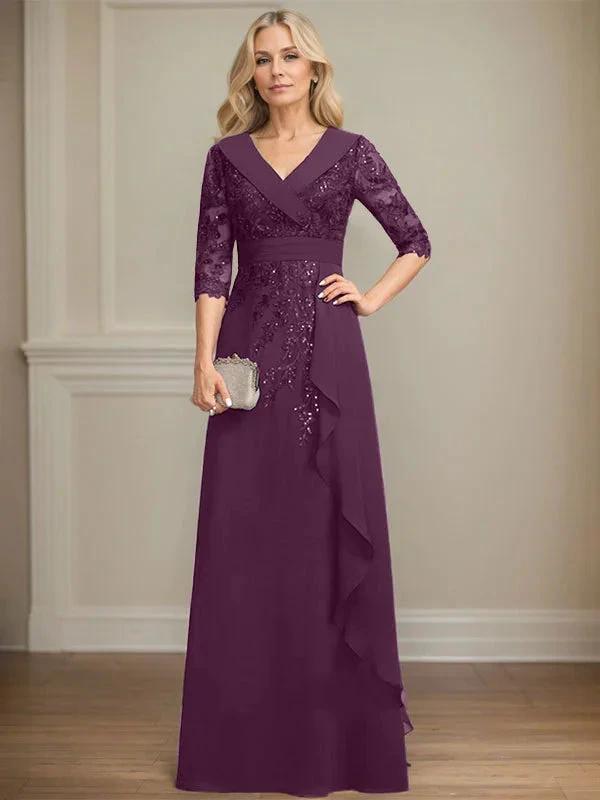 A-line Collared V-Neck Floor-Length Lace Chiffon Mother of the Bride Dress With Sequins Cascading Ruffles by Dreamylily