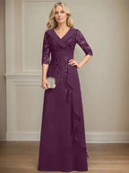 A-line Collared V-Neck Floor-Length Lace Chiffon Mother of the Bride Dress With Sequins Cascading Ruffles by Dreamylily