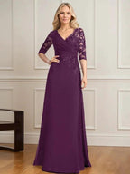 A-line V-Neck Floor-Length Lace Chiffon Mother of the Bride Dress With Pleated Sequins by Dreamylily