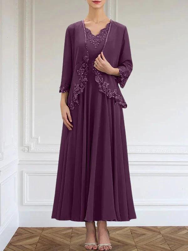 A-line V-Neck Ankle-Length Chiffon Mother of the Bride Dress With Sequins Appliques Lace Beading by Dreamylily