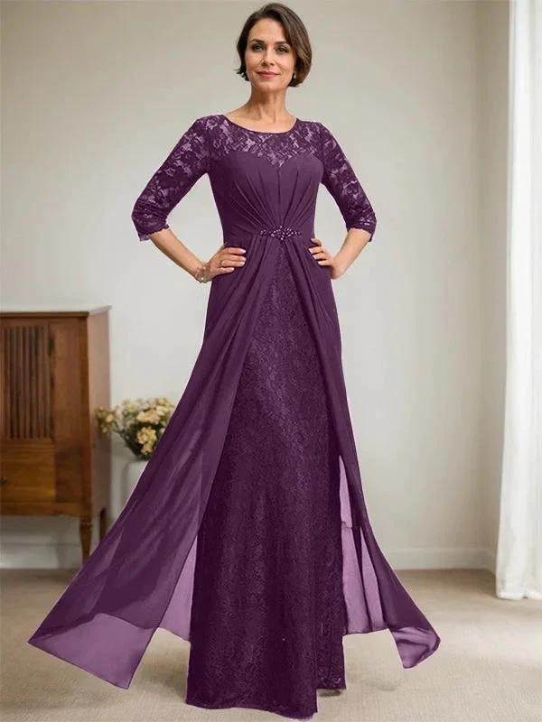 A-Line Scoop Illusion Floor-Length Lace Chiffon Mother Of the Bride Dress With Beading Ruffles by Dreamylily