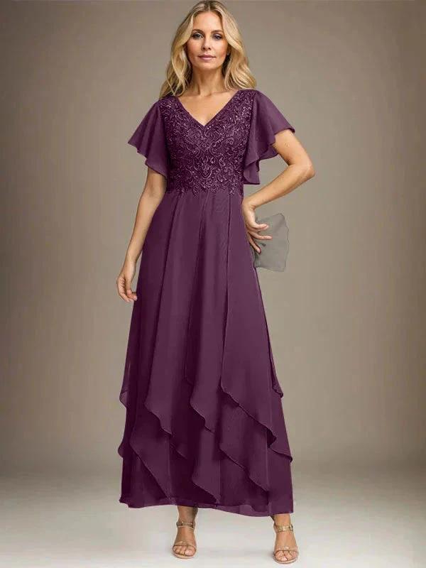 A-line V-Neck Ankle-Length Lace Chiffon Mother of the Bride Dress With Cascading Ruffles by Dreamylily