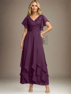 A-line V-Neck Ankle-Length Lace Chiffon Mother of the Bride Dress With Cascading Ruffles by Dreamylily