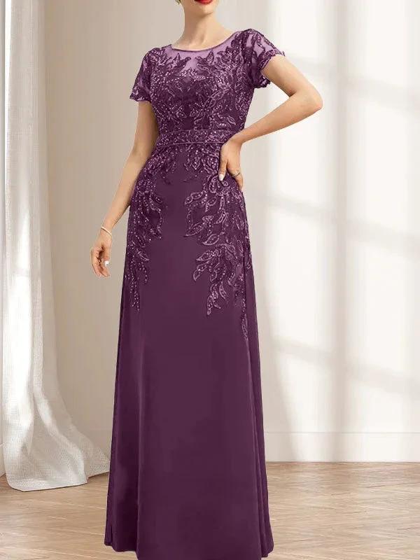 Sheath/Column Scoop Illusion Floor-Length Lace Chiffon Mother of the Bride Dress With Sequins by Dreamylily