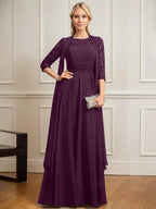 A-line Scoop Illusion Floor-Length Lace Chiffon Mother of the Bride Dress With Pleated by Dreamylily