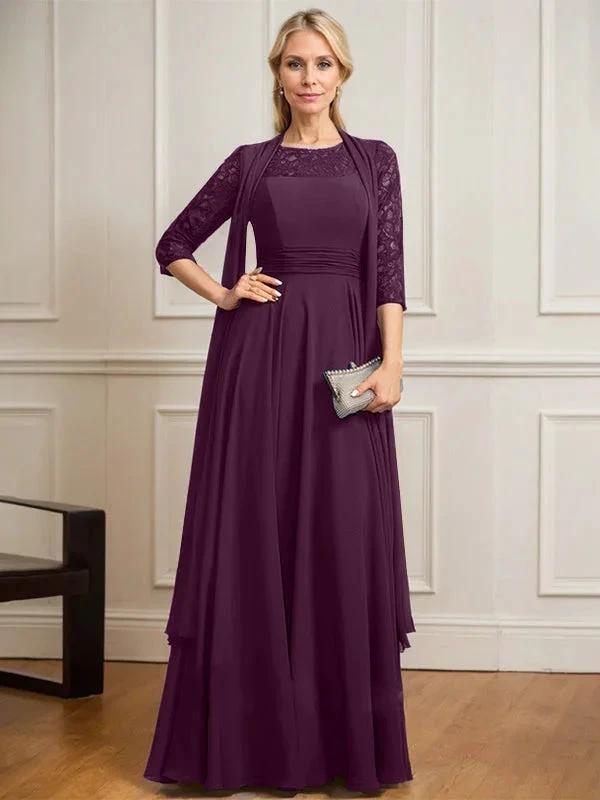 A-line Scoop Illusion Floor-Length Lace Chiffon Mother of the Bride Dress With Pleated by Dreamylily