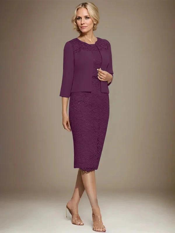Sheath/Column Scoop Knee-Length Chiffon Lace Mother of the Bride Dress With Beading by Dreamylily