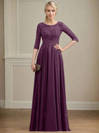 A-line Scoop Illusion Floor-Length Lace Chiffon Mother of the Bride Dress With Sequins by Dreamylily
