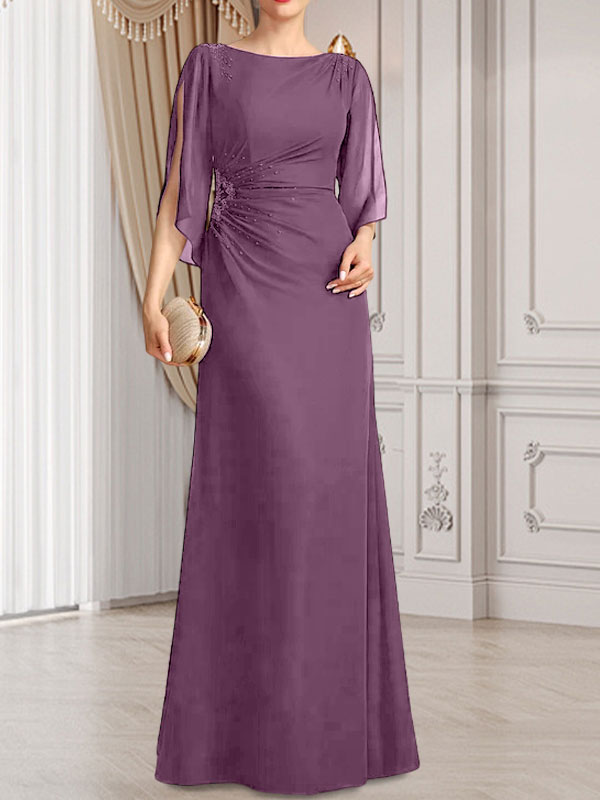 Etui-Linie/Säule U-Ausschnitt Bodenlang Chiffon Kleid für die Brautmutter mit Plissee Perlenbesatz