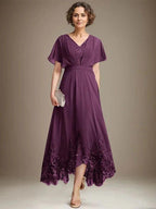 A-line V-Neck Asymmetrical Lace Chiffon Mother of the Bride Dress With Pleated by Dreamylily