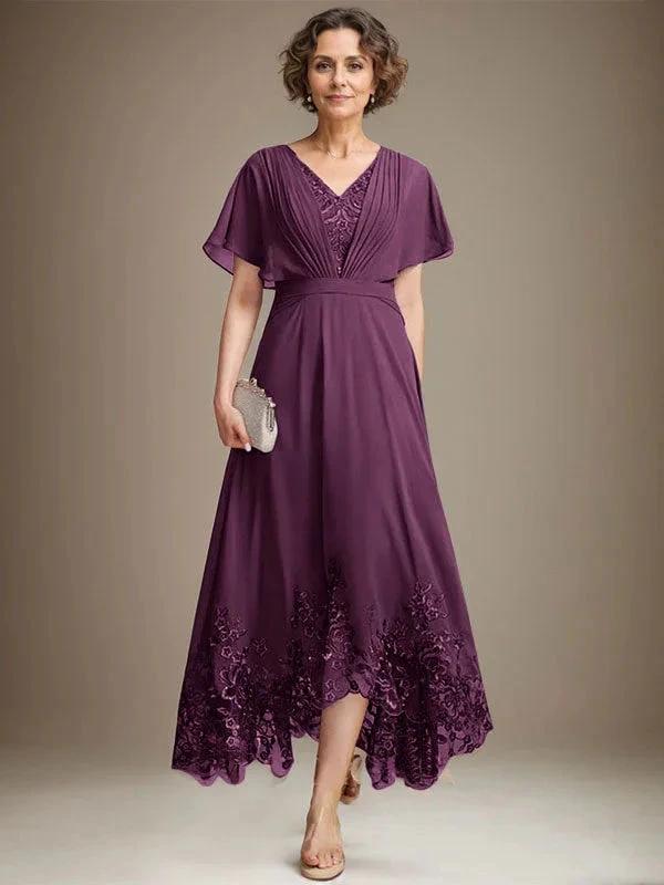 A-line V-Neck Asymmetrical Lace Chiffon Mother of the Bride Dress With Pleated by Dreamylily