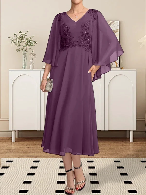 A-line V-Neck Tea-Length Chiffon Lace Mother of the Bride Dress With Beading Sequins by Dreamylily