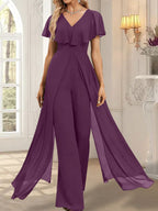 Jumpsuit/Pantsuit V-Neck Floor-Length Chiffon Evening Dress