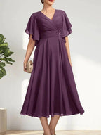 A-line V-Neck Tea-Length Chiffon Mother of the Bride Dress With Pleated Beading by Dreamylily