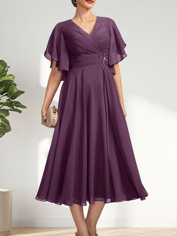 A-line V-Neck Tea-Length Chiffon Mother of the Bride Dress With Pleated Beading