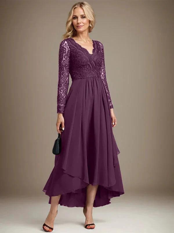 A-line V-Neck Asymmetrical Lace Chiffon Mother of the Bride Dress by Dreamylily