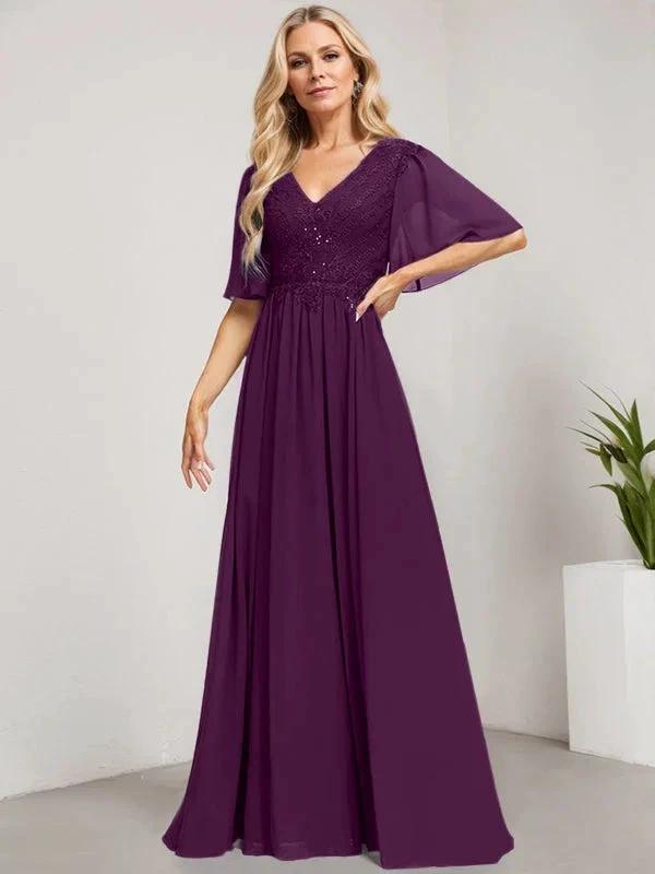 A-line V-Neck Floor-Length Lace Chiffon Mother of the Bride Dress With Sequins by Dreamylily